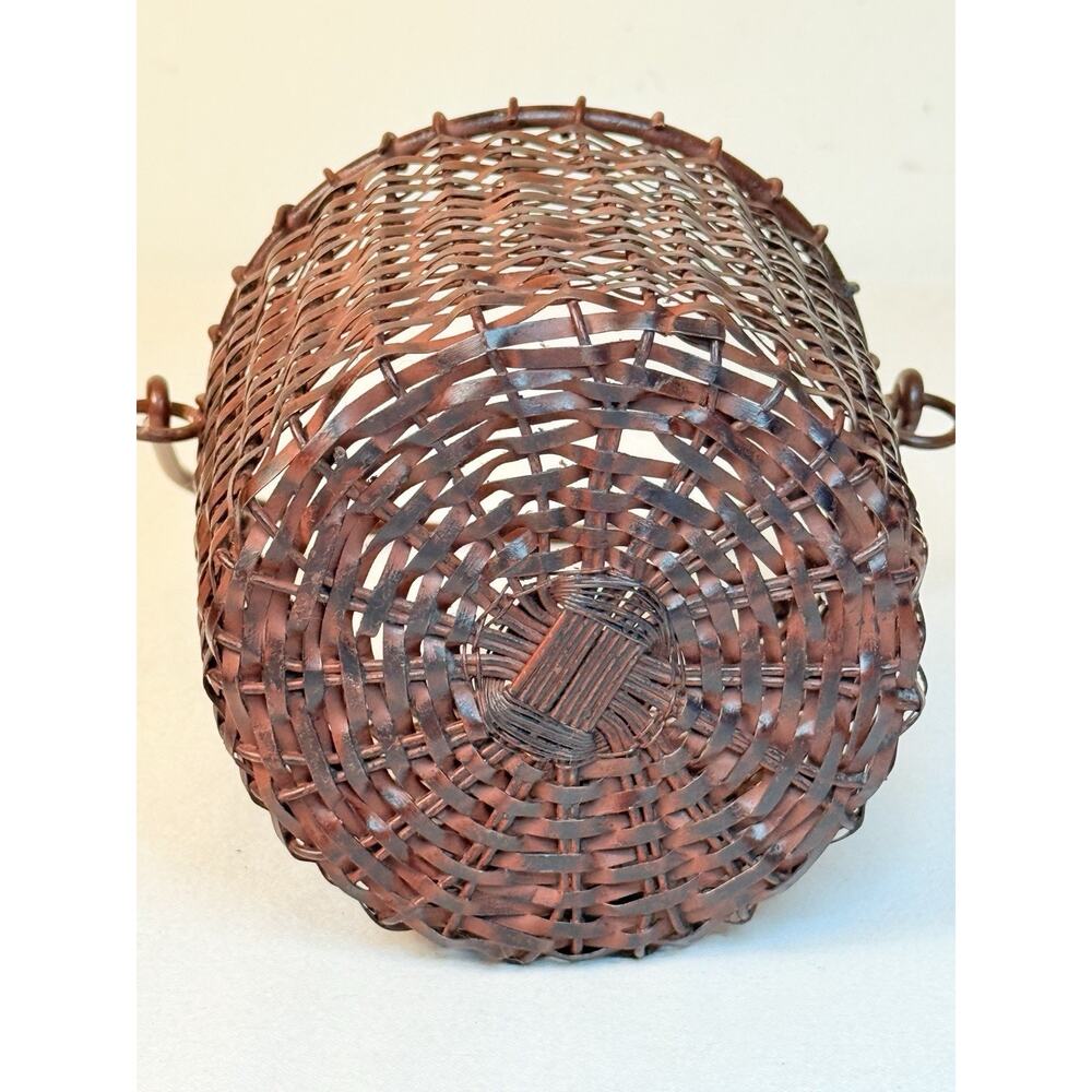 Primitive Burgundy Woven Metal Basket W/ Swing Handle Rustic Farmhouse Decor - Picture 10 of 11